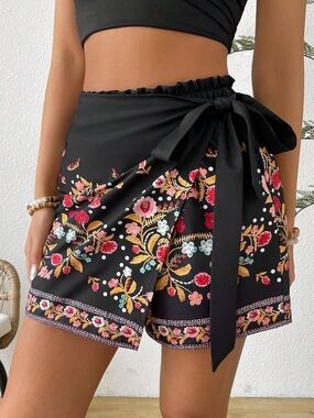 Floral Black Wrap Mini Skort with Waist Tie- SMALL